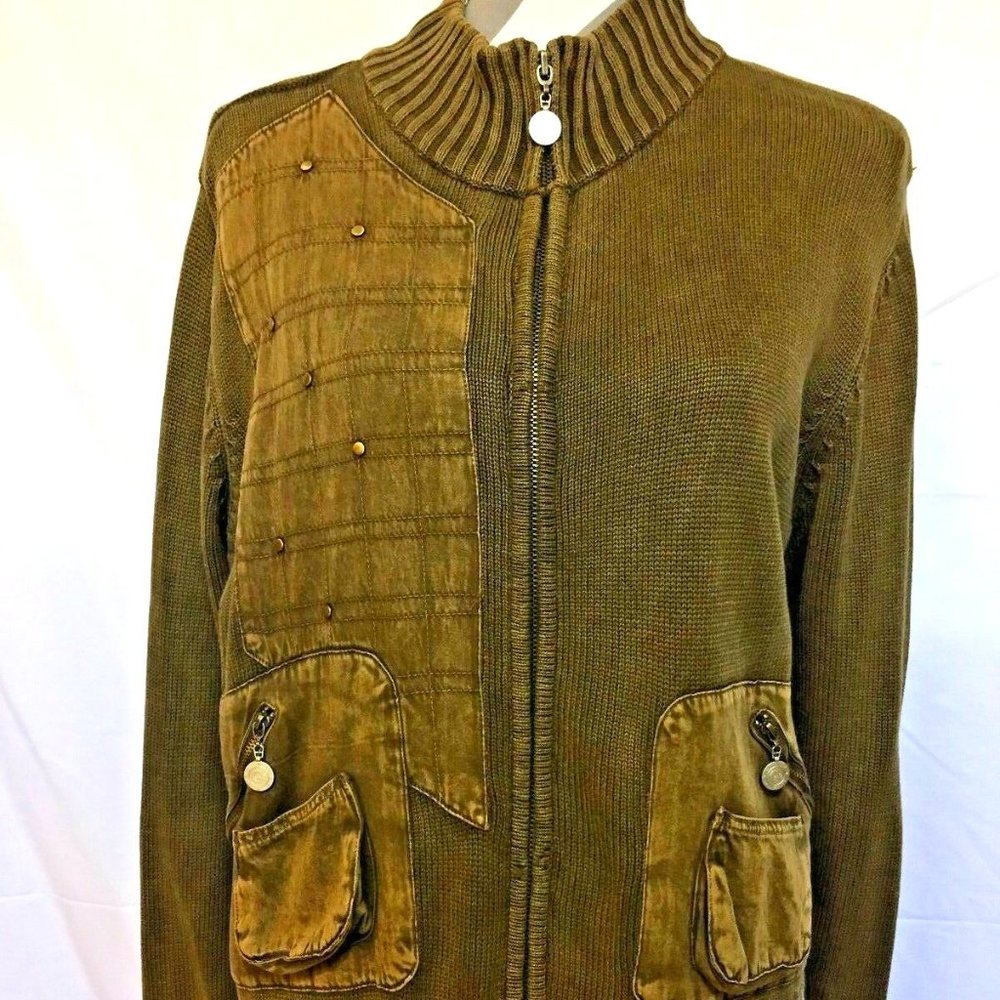 JUNGUO ~ Safari Design Cotton Knit/Fabric Mix Studded Jacket ~ Zip Front ~ Sz.M